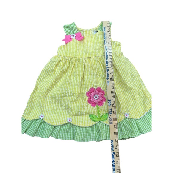 Girls 24M Rare Edition Yellow Green‎ Gingham Seersucker Floral Accent Dress - Picture 2 of 7